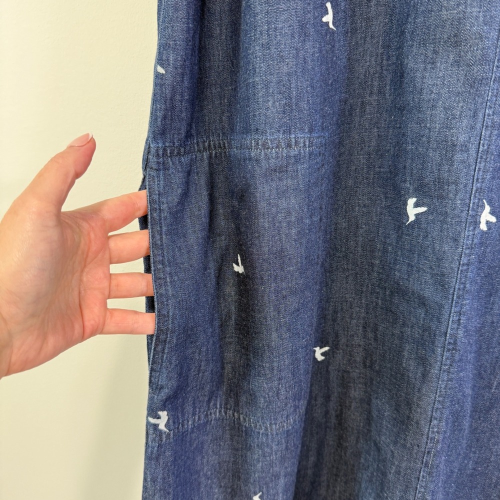 Chambray Dark Denim Hummingbird Novelty Midi Dress L Sleeveless Pockets Cotton - Picture 4 of 9